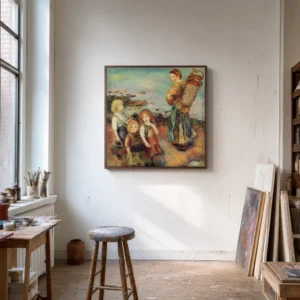 Framed print of Girls Fishing for Mussels hanging on a wall in a furnished room