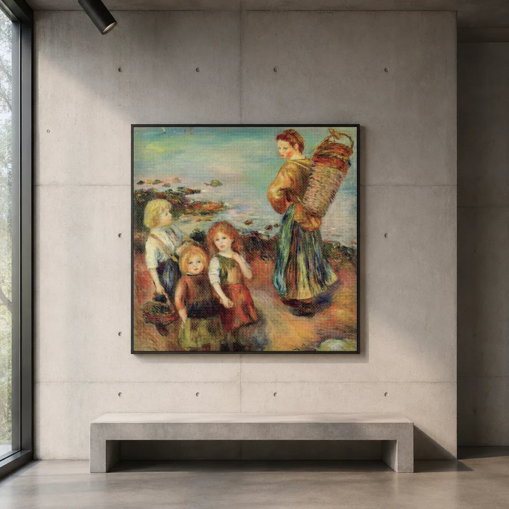 Framed print of Girls Fishing for Mussels hanging on a wall in a furnished room