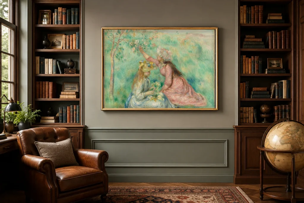 Framed print of Girls Picking Flowers in a Meadow hanging on a wall in a furnished room