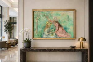 Framed print of Girls Picking Flowers in a Meadow hanging on a wall in a furnished room