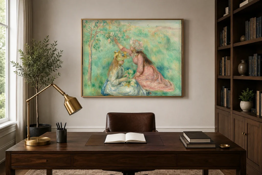 Framed print of Girls Picking Flowers in a Meadow hanging on a wall in a furnished room