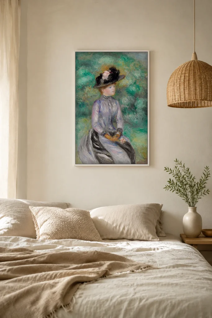Framed print of Adrienne hanging on a wall in a furnished room