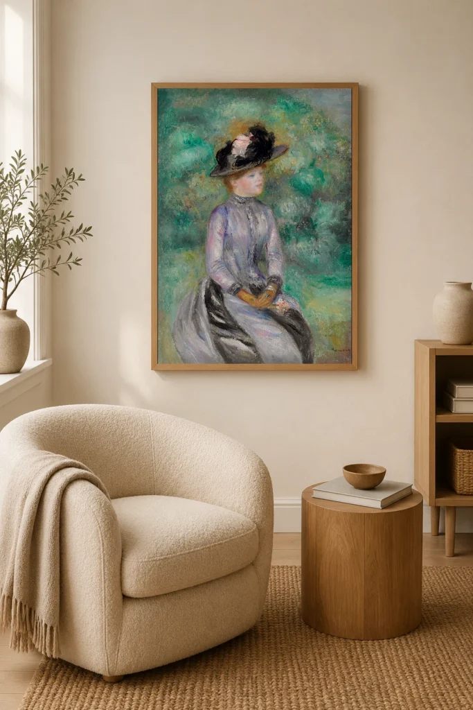 Framed print of Adrienne hanging on a wall in a furnished room