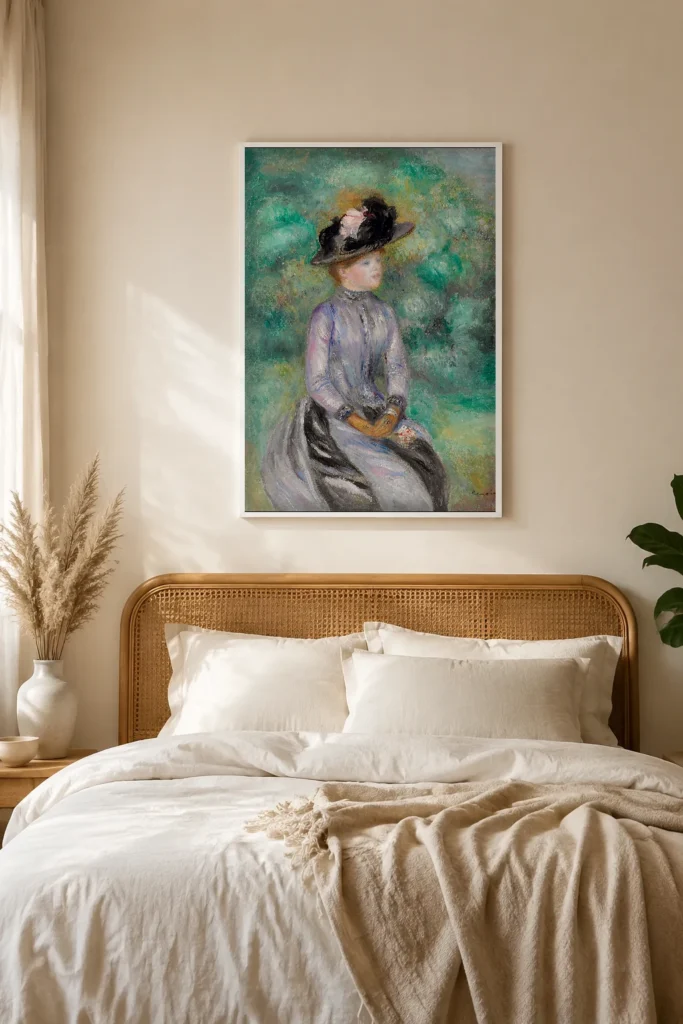 Framed print of Adrienne hanging on a wall in a furnished room