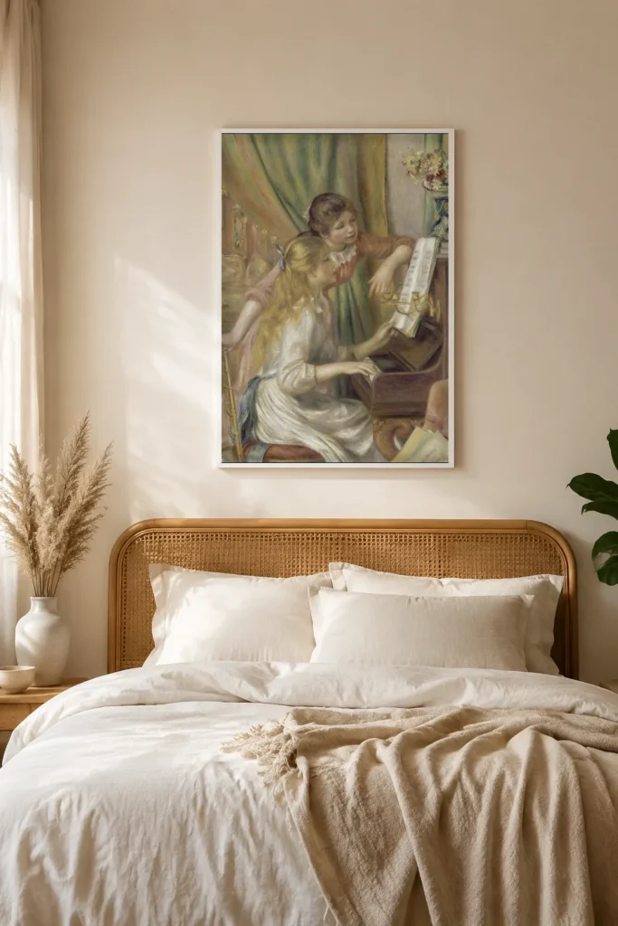 Framed print of Girls at the Piano hanging on a wall in a furnished room