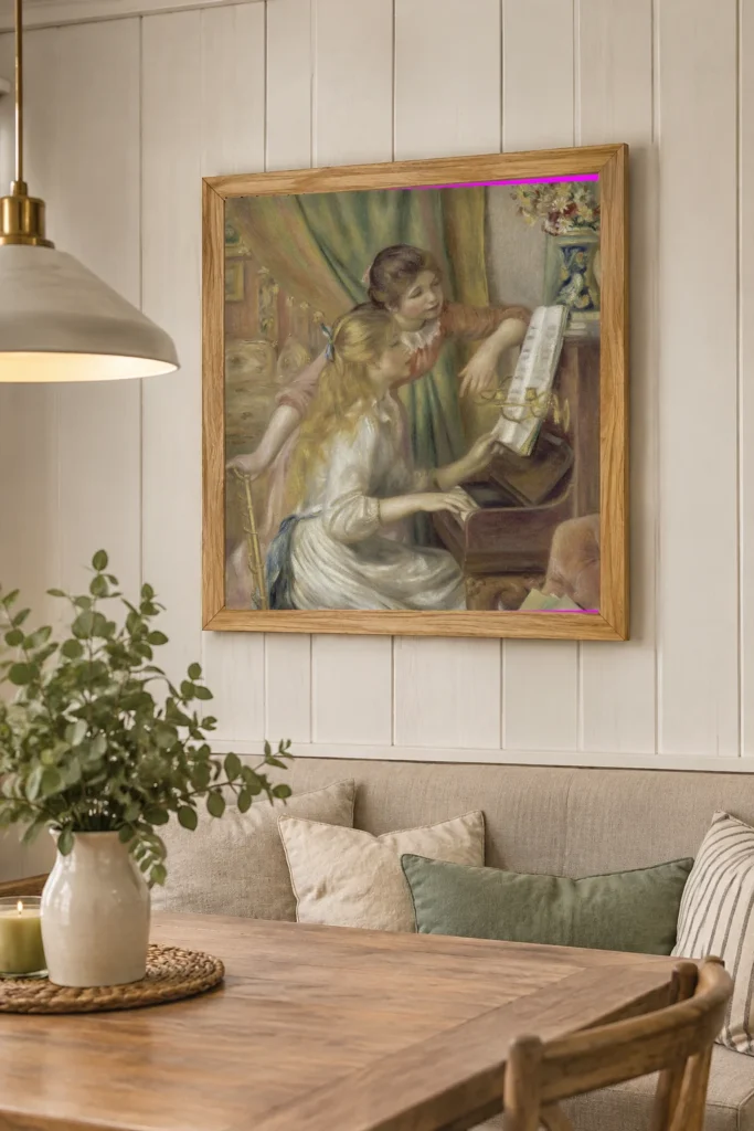 Framed print of Girls at the Piano hanging on a wall in a furnished room