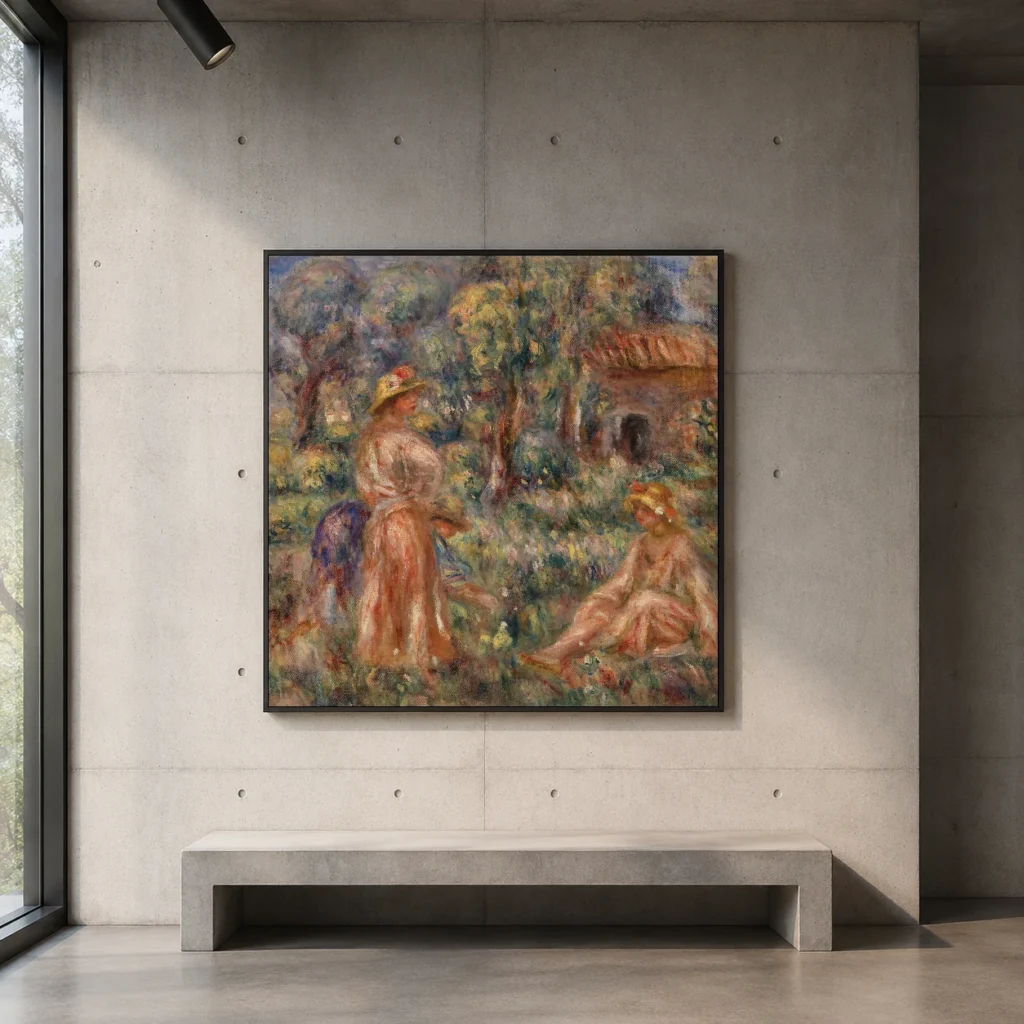 Framed print of Girls in a Landscape (Jeunes filles dans un paysage) hanging on a wall in a furnished room