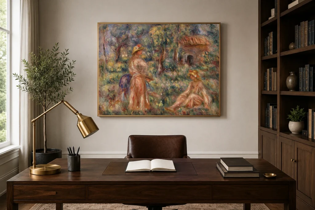 Framed print of Girls in a Landscape (Jeunes filles dans un paysage) hanging on a wall in a furnished room