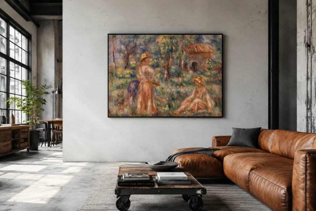 Framed print of Girls in a Landscape (Jeunes filles dans un paysage) hanging on a wall in a furnished room