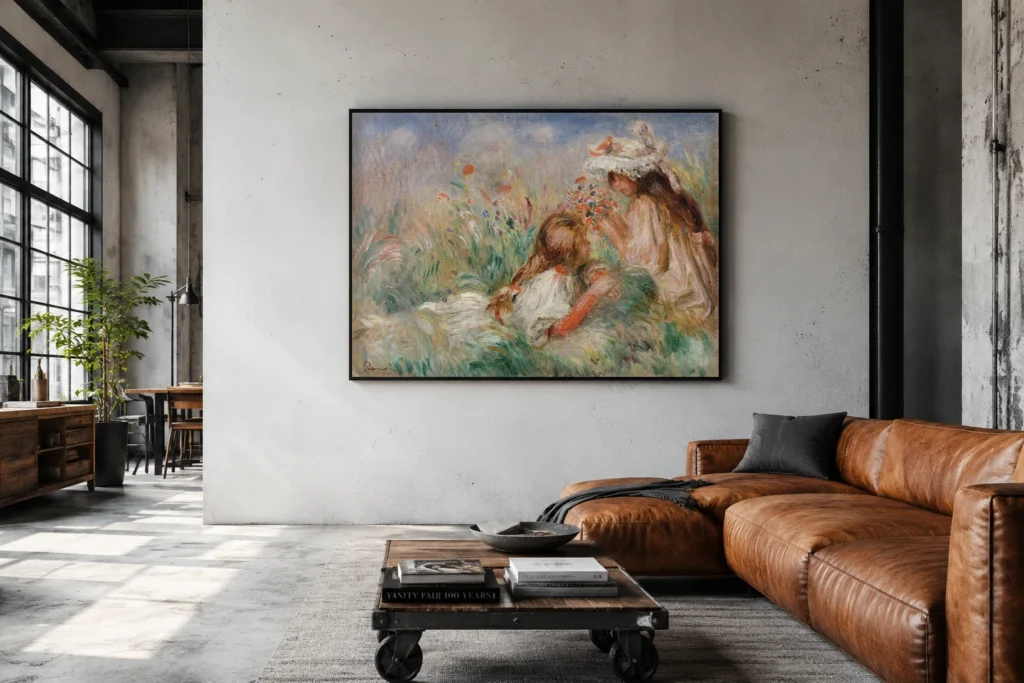 Framed print of Girls in the Grass Arranging a Bouquet (Fillette couchée sur l’herbe et jeune fille arrangeant un bouquet) hanging on a wall in a furnished room
