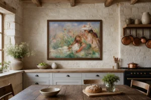 Framed print of Girls in the Grass Arranging a Bouquet (Fillette couchée sur l’herbe et jeune fille arrangeant un bouquet) hanging on a wall in a furnished room
