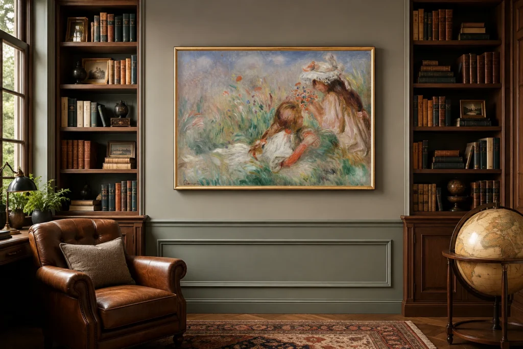 Framed print of Girls in the Grass Arranging a Bouquet (Fillette couchée sur l’herbe et jeune fille arrangeant un bouquet) hanging on a wall in a furnished room