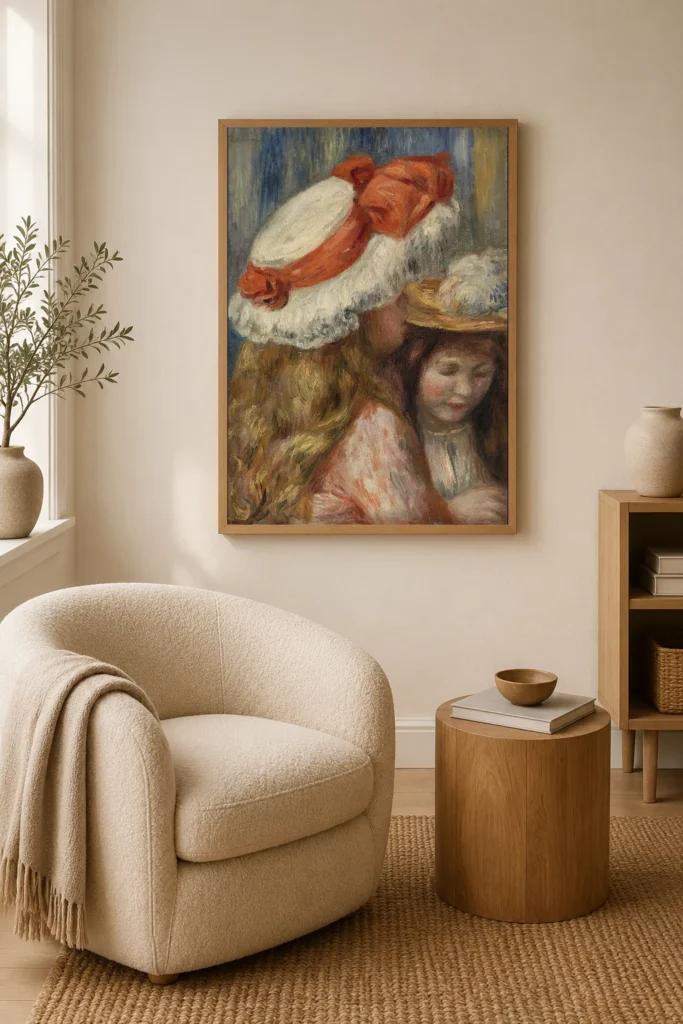 Framed print of Girls with Hats (Jeunes filles aux chapeaux) hanging on a wall in a furnished room