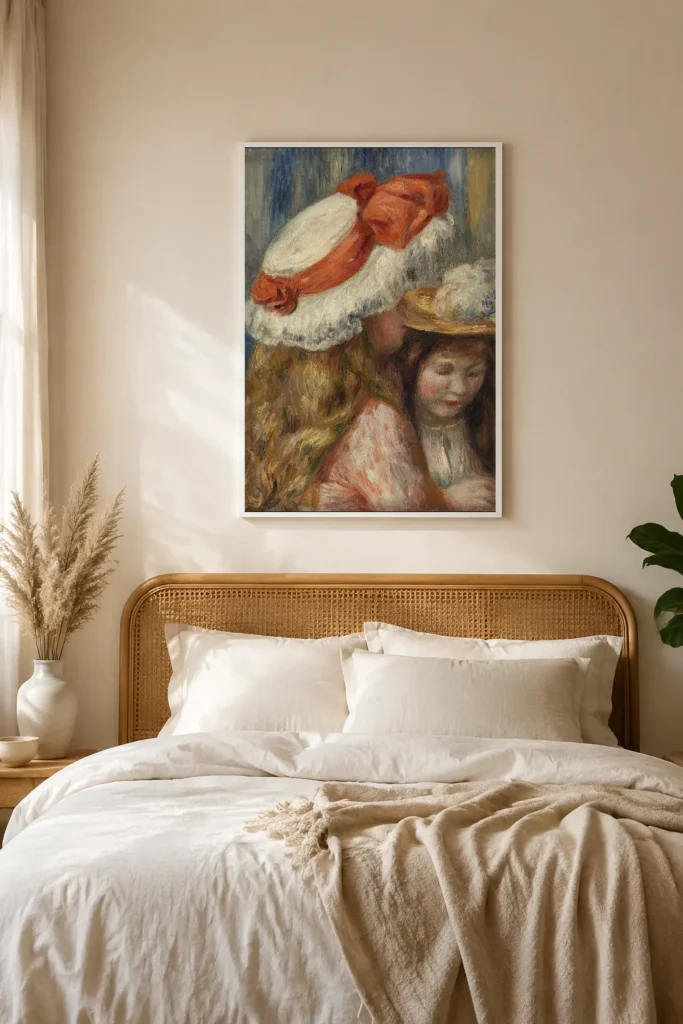 Framed print of Girls with Hats (Jeunes filles aux chapeaux) hanging on a wall in a furnished room
