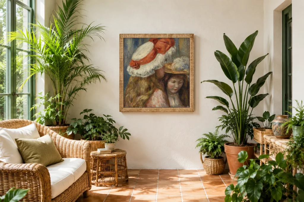 Framed print of Girls with Hats (Jeunes filles aux chapeaux) hanging on a wall in a furnished room