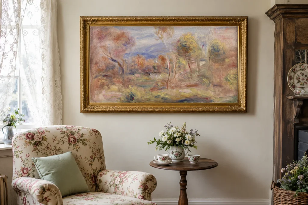 Framed print of Glade (Clairière) hanging on a wall in a furnished room