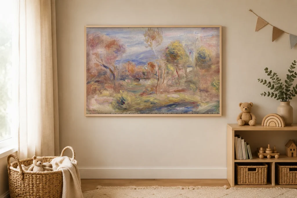 Framed print of Glade (Clairière) hanging on a wall in a furnished room
