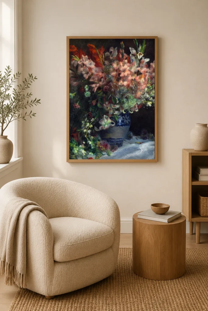 Framed print of Gladioli in a Vase hanging on a wall in a furnished room