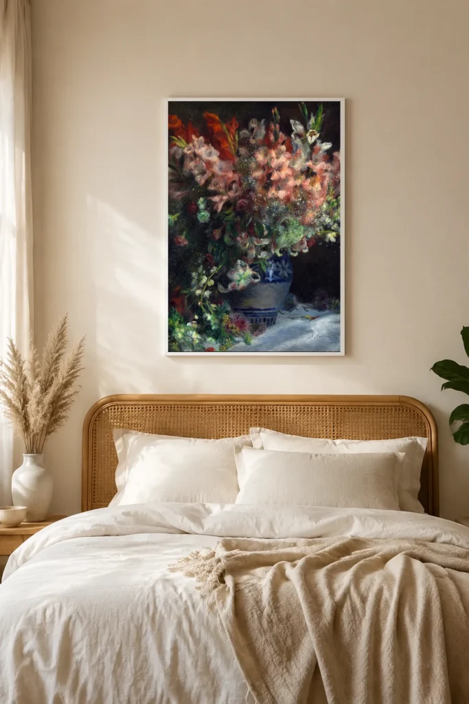 Framed print of Gladioli in a Vase hanging on a wall in a furnished room
