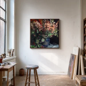 Framed print of Gladioli in a Vase hanging on a wall in a furnished room