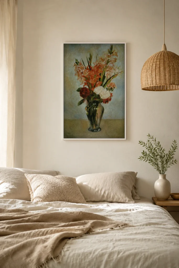 Framed print of Glaïeuls hanging on a wall in a furnished room