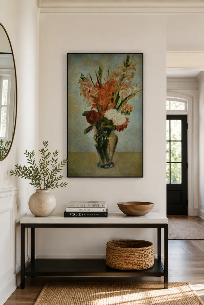 Framed print of Glaïeuls hanging on a wall in a furnished room
