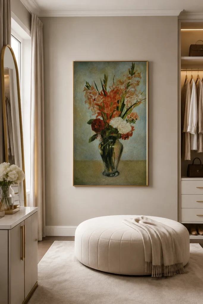Framed print of Glaïeuls hanging on a wall in a furnished room