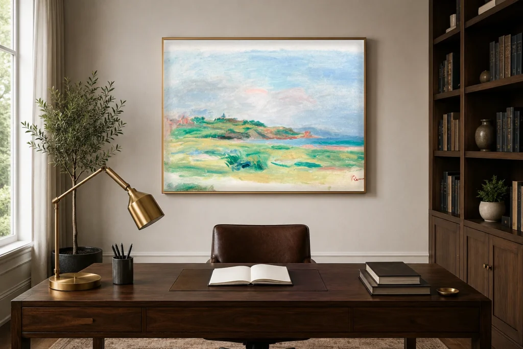 Framed print of Gulf, Sea, Green Cliffs hanging on a wall in a furnished room