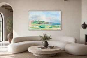 Framed print of Gulf, Sea, Green Cliffs hanging on a wall in a furnished room