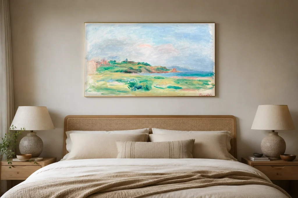 Framed print of Gulf, Sea, Green Cliffs hanging on a wall in a furnished room