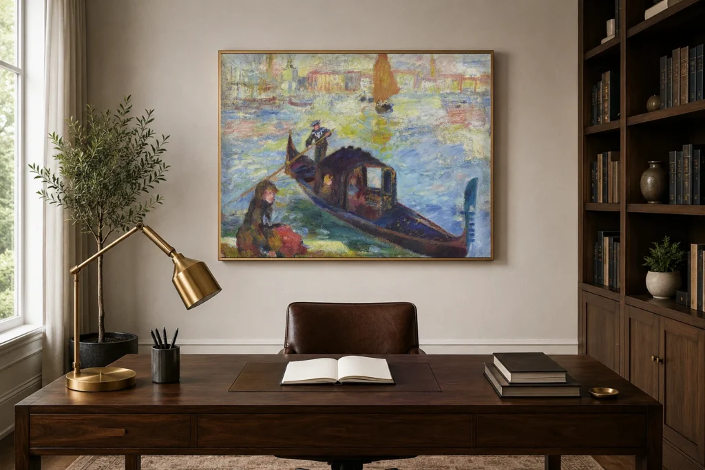 Framed print of Gondola, Venice hanging on a wall in a furnished room