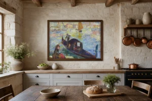 Framed print of Gondola, Venice hanging on a wall in a furnished room