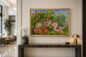 Framed print of After the Bath hanging on a wall in a furnished room