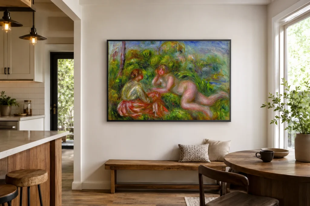 Framed print of After the Bath hanging on a wall in a furnished room