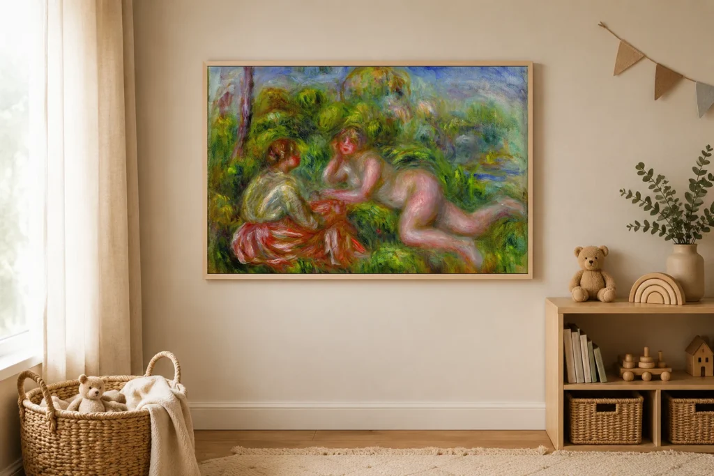 Framed print of After the Bath hanging on a wall in a furnished room
