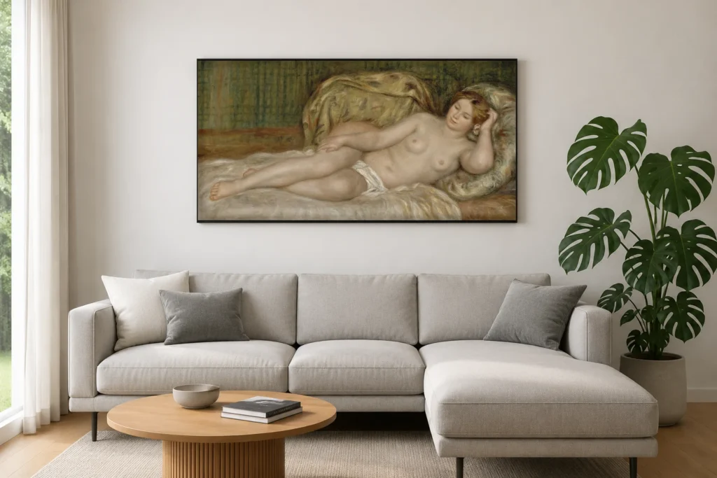 Framed print of Grand nu hanging on a wall in a furnished room
