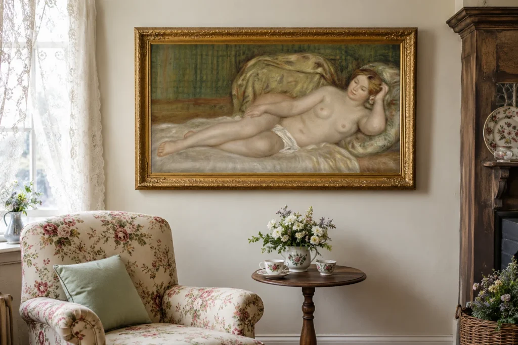 Framed print of Grand nu hanging on a wall in a furnished room
