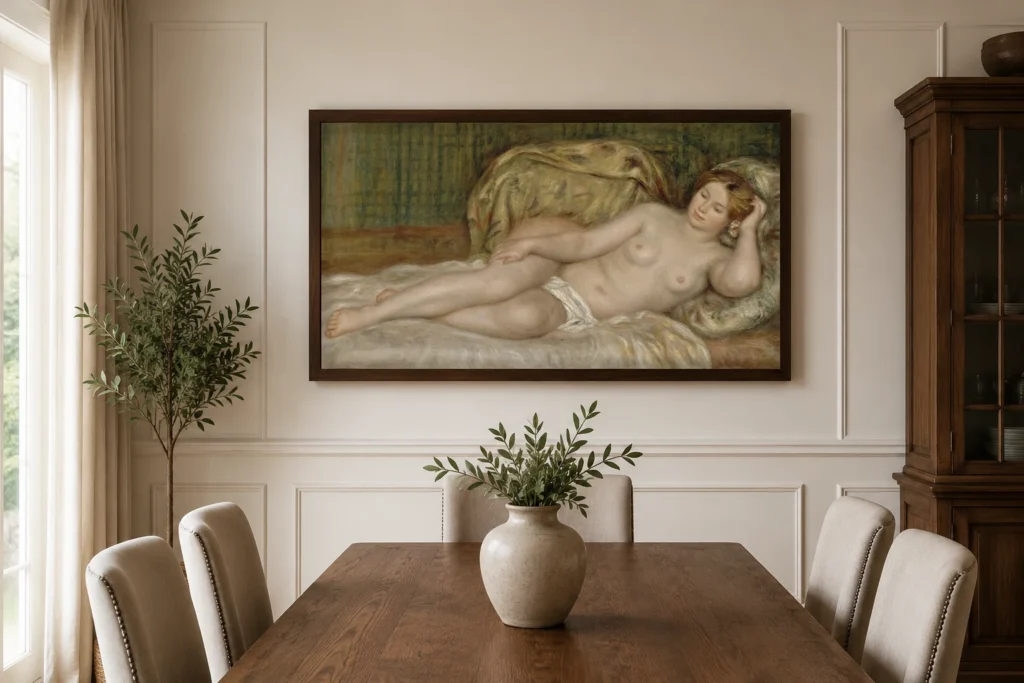 Framed print of Grand nu hanging on a wall in a furnished room