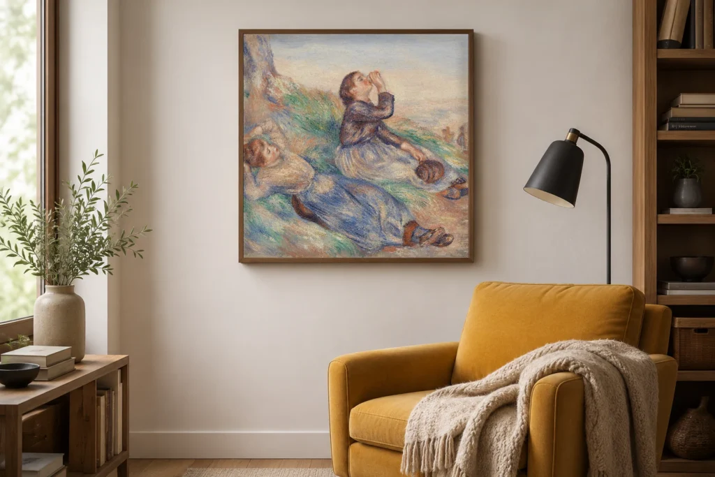 Framed print of Grape Gatherers (Vendangeuses) hanging on a wall in a furnished room