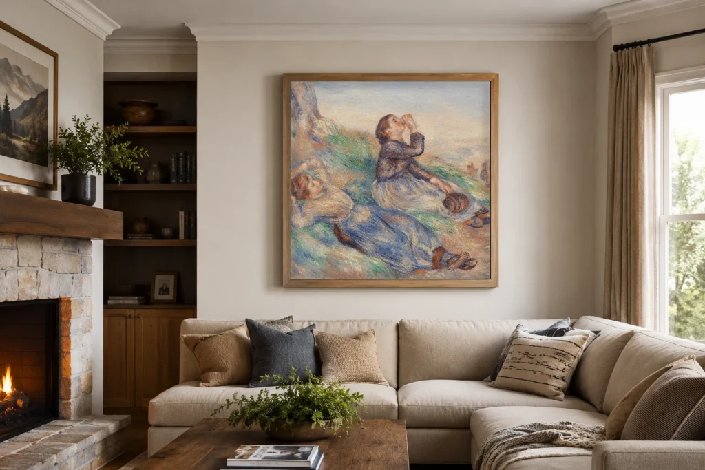 Framed print of Grape Gatherers (Vendangeuses) hanging on a wall in a furnished room