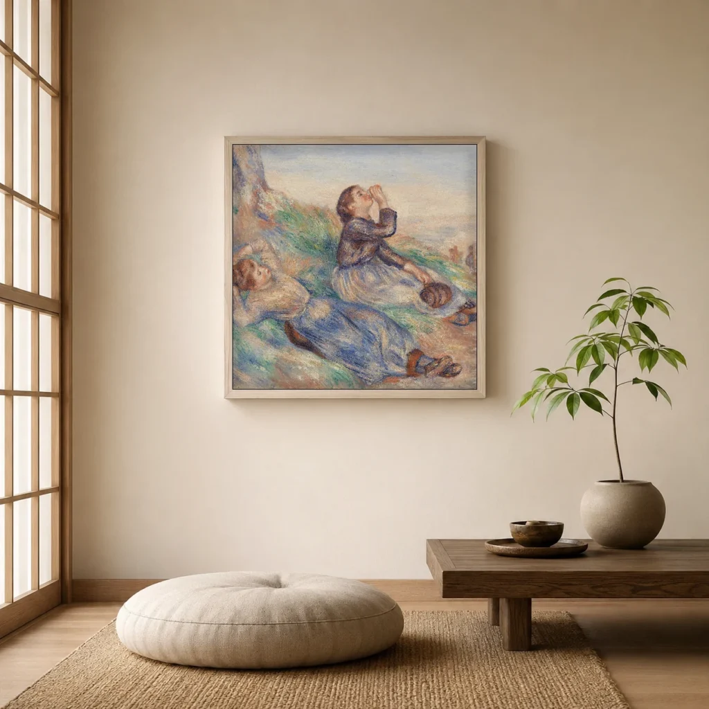 Framed print of Grape Gatherers (Vendangeuses) hanging on a wall in a furnished room
