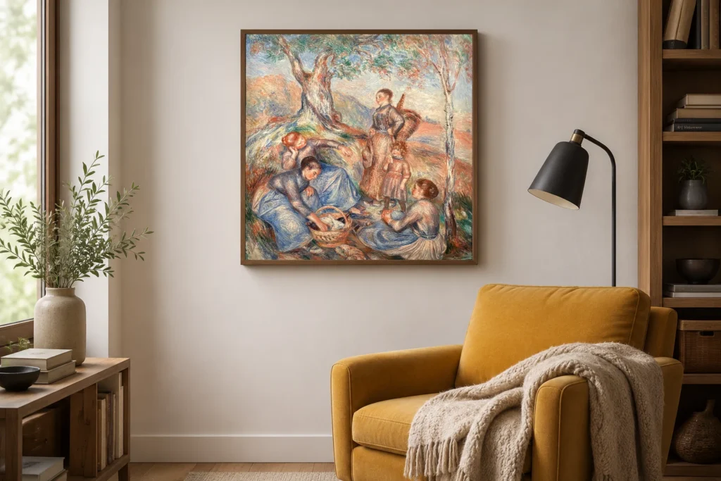 Framed print of Grape Pickers at Lunch hanging on a wall in a furnished room