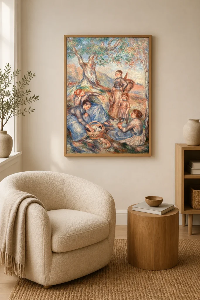 Framed print of Grape Pickers at Lunch hanging on a wall in a furnished room