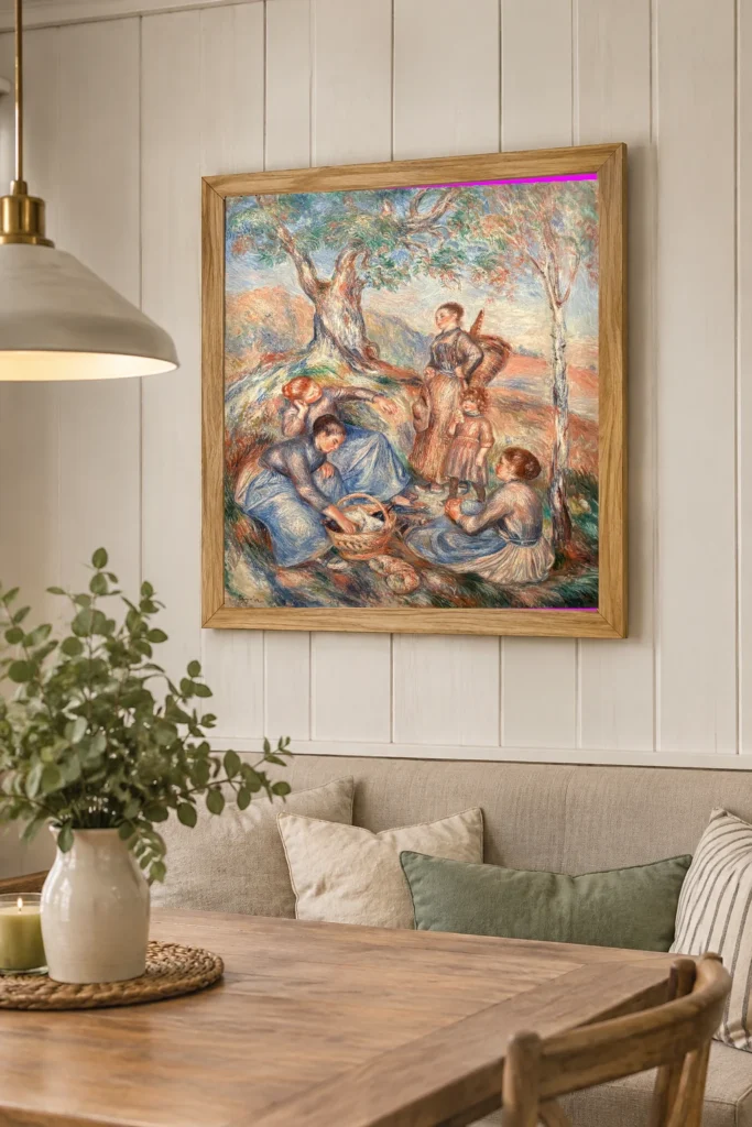 Framed print of Grape Pickers at Lunch hanging on a wall in a furnished room