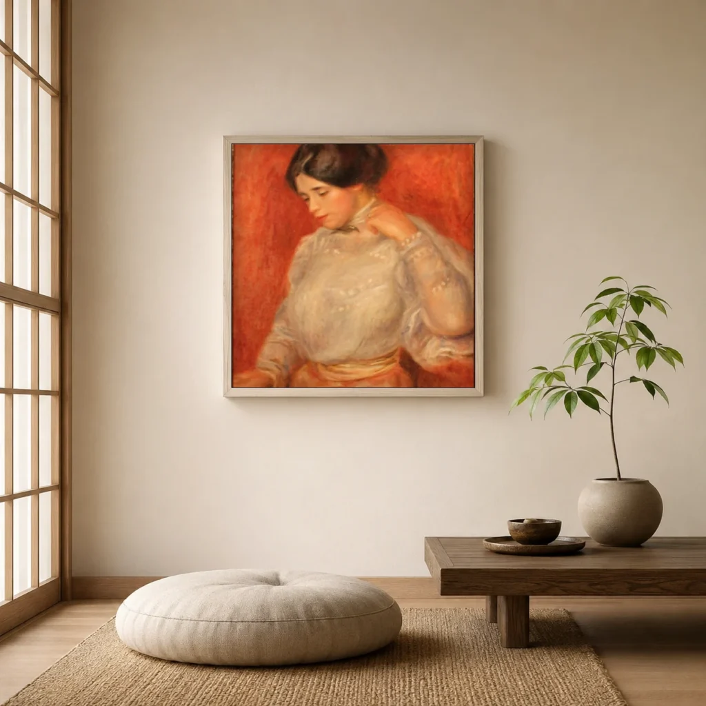 Framed print of Graziella hanging on a wall in a furnished room