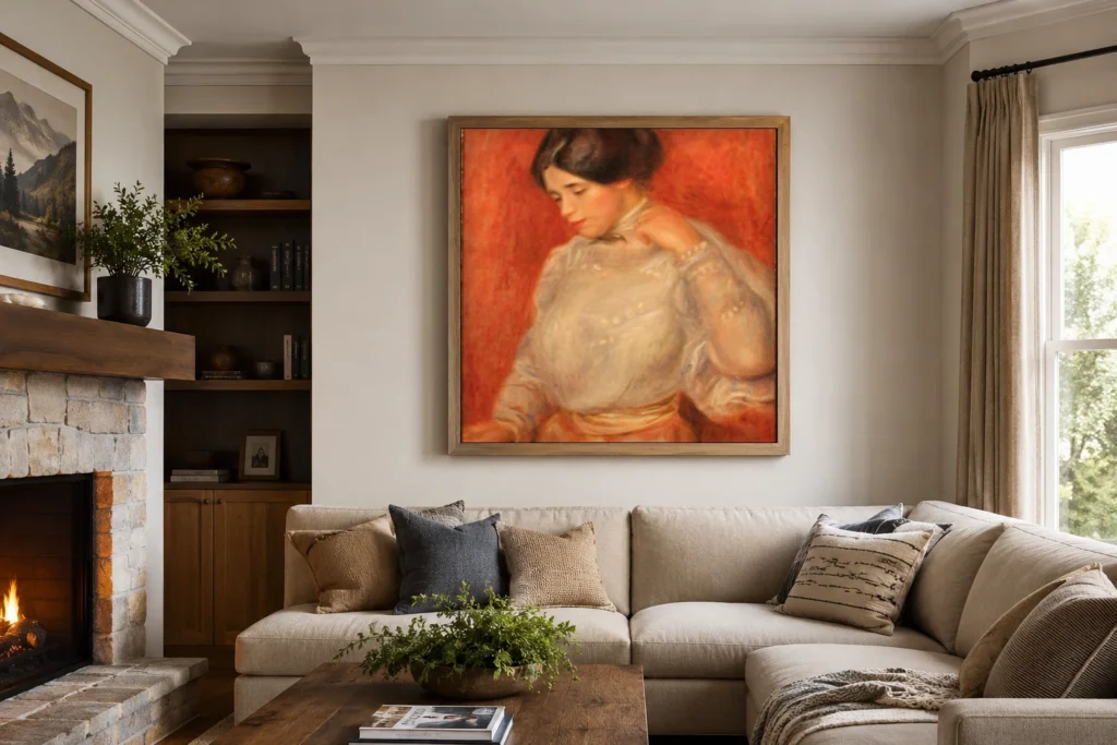 Framed print of Graziella hanging on a wall in a furnished room