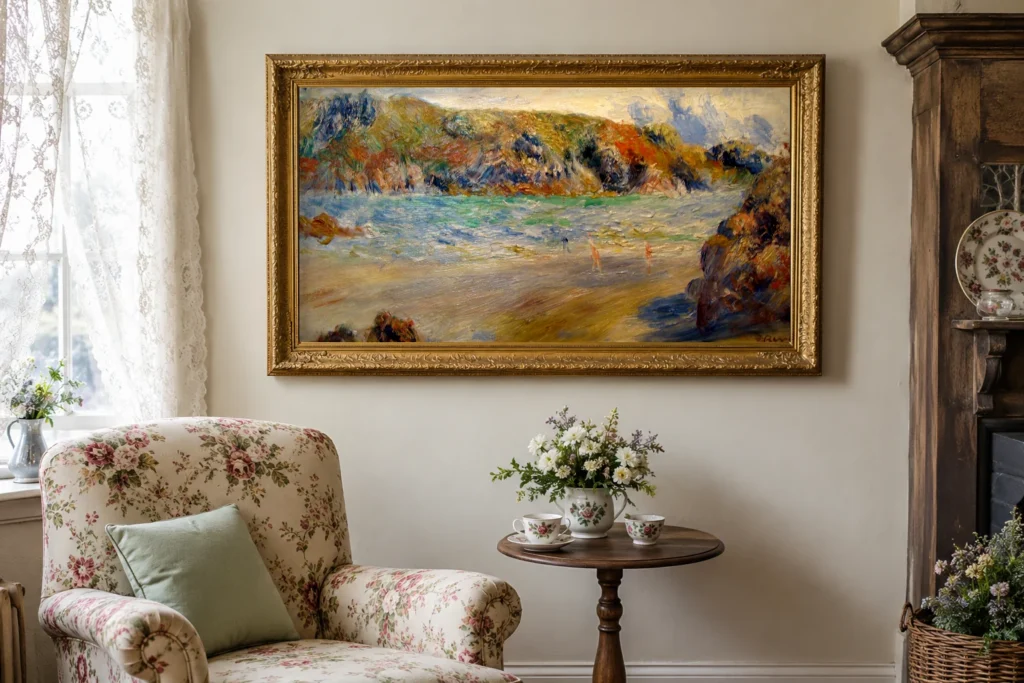 Framed print of Guernesey hanging on a wall in a furnished room