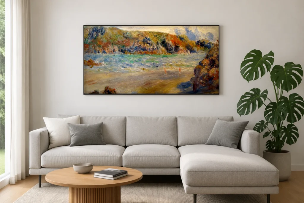 Framed print of Guernesey hanging on a wall in a furnished room