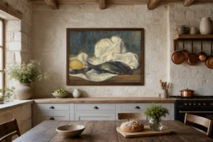 Framed print of Herrings and Lemon hanging on a wall in a furnished room