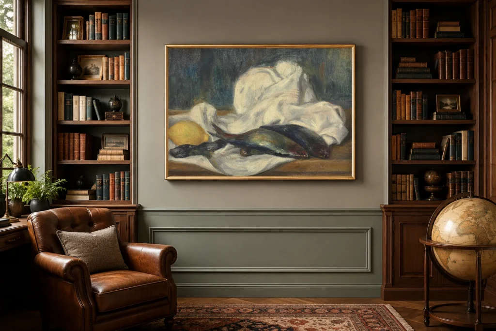 Framed print of Herrings and Lemon hanging on a wall in a furnished room